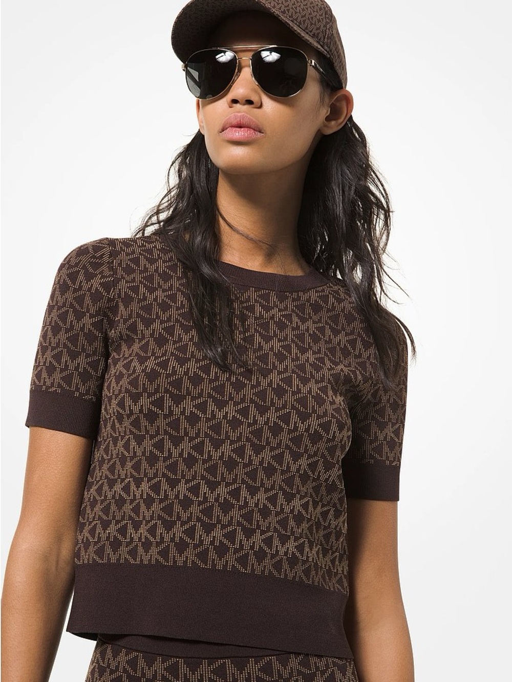 Michael kors Stretch Logo Jacquard Short-Sleeve Sweater size L
